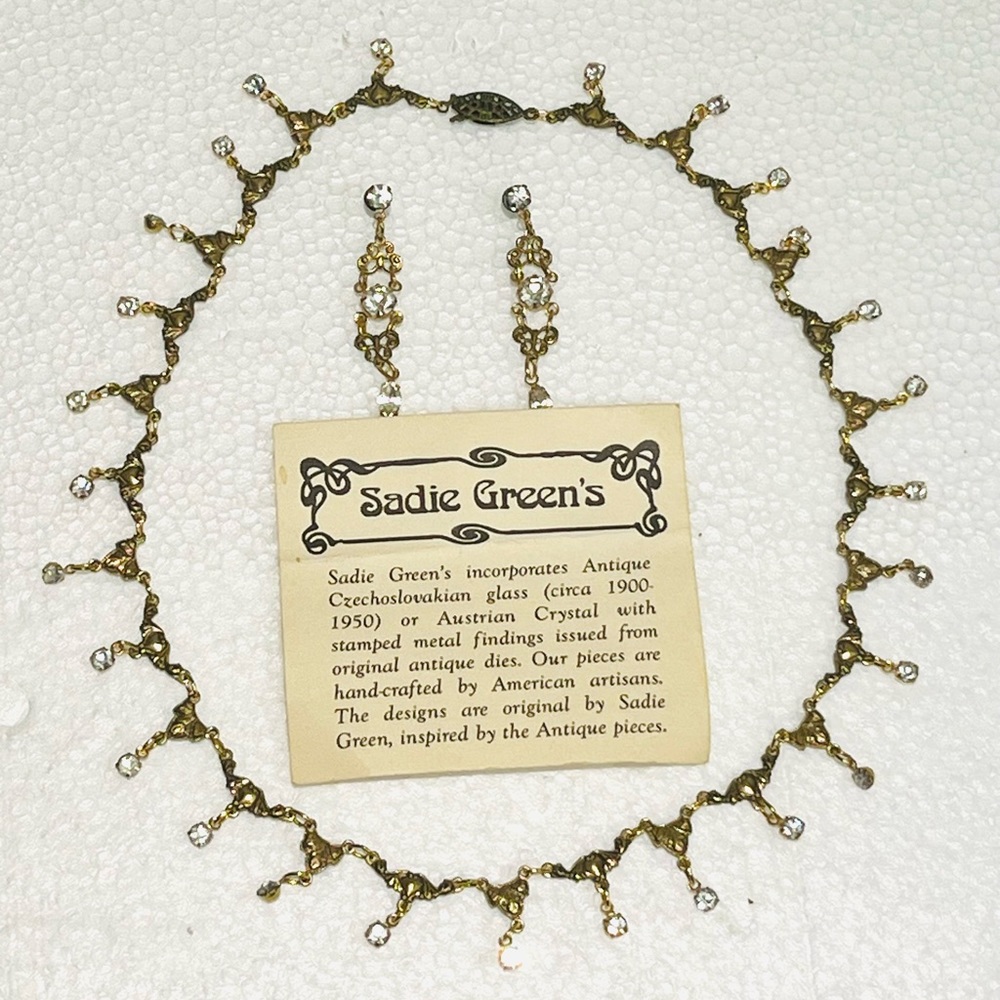 Vintage Hand Crafted Necklace Earrings Set Sadie Green Heart Crystals Filigree